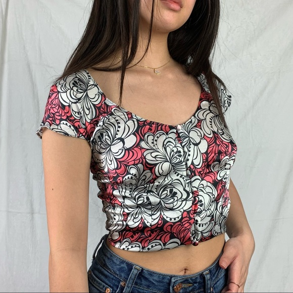 guess jeans xs pink and white silk floral abstract blouse - Picture 4 of 16